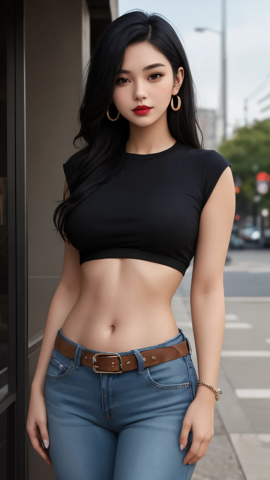 ((medium breasts⁩、tomgirl、))、(Chiseled abs:1.1)、(the perfect body:1.1)、reddish brown hair、collars、chain、FULL BODYSHOT、crowdedstreets、Tank tops、jean jacket、(ripped clothing:1.3)((shortpants))、(Very detailed CG 8k wallpaper)、(extremely delicate and beautiful)、(​masterpiece)、(top-quality:1.0)、(超A high resolution:1.0)、beautiful  lighting、perfect lightning bolt、realistic shadow、[hight resolution]、Detailed skin、 ultra-detailliert(((colourfull)))、High Real、