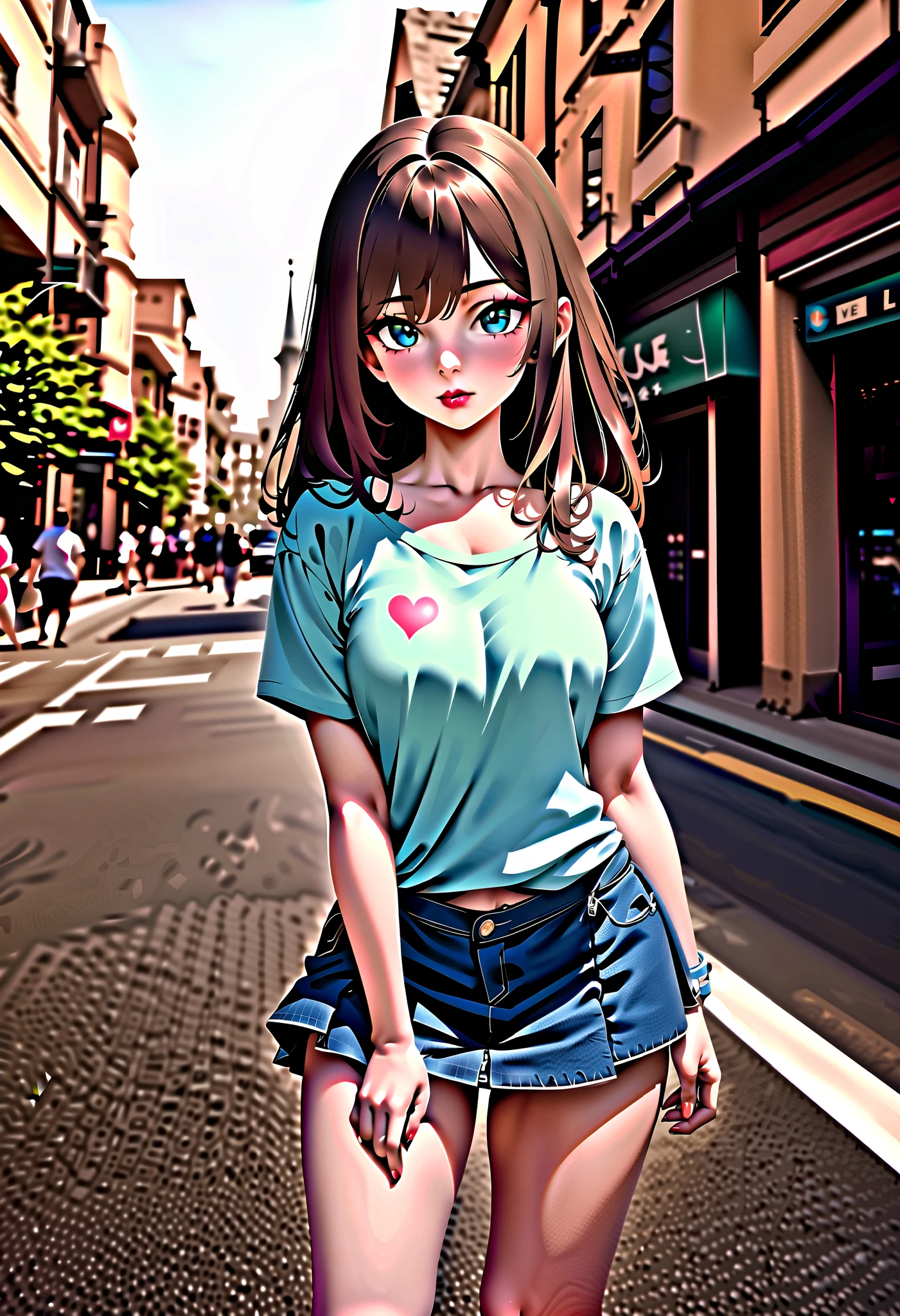 ((RAW Photo), Absurds, (Absurd Resolution)), ((Hyperrealism, Photorealistic)), (AI Reality), (A young woman with AI Hyperrealism), freckled, (light eyes), (makeup, red lips, heart emoji), ((loose t-shirt, loose skirt, pastel colors)), (street background), she flirts with the viewer, (Photographic Perspective)). «SunPuma S»