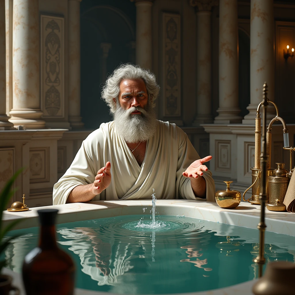 Archimedes sitting in a large bath, excitedly shouting 'Eureka!' as he discovers his principle of buoyancy. Water overflows from the tub, and in the background, diagrams of physics and engineering concepts are visible."