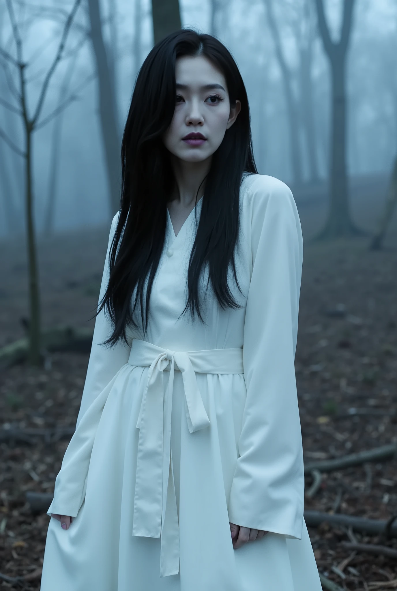 Create a hauntingly beautiful portrait of a Japanese actress on a horror movie set. She has ghostly white skin and deep purple lips, exuding an eerie presence. Her long, disheveled black hair obscures part of her face, enhancing her terrifying appearance. She wears a flowing pure white dress that contrasts with the desolate, withered forest background shrouded in thick mist.