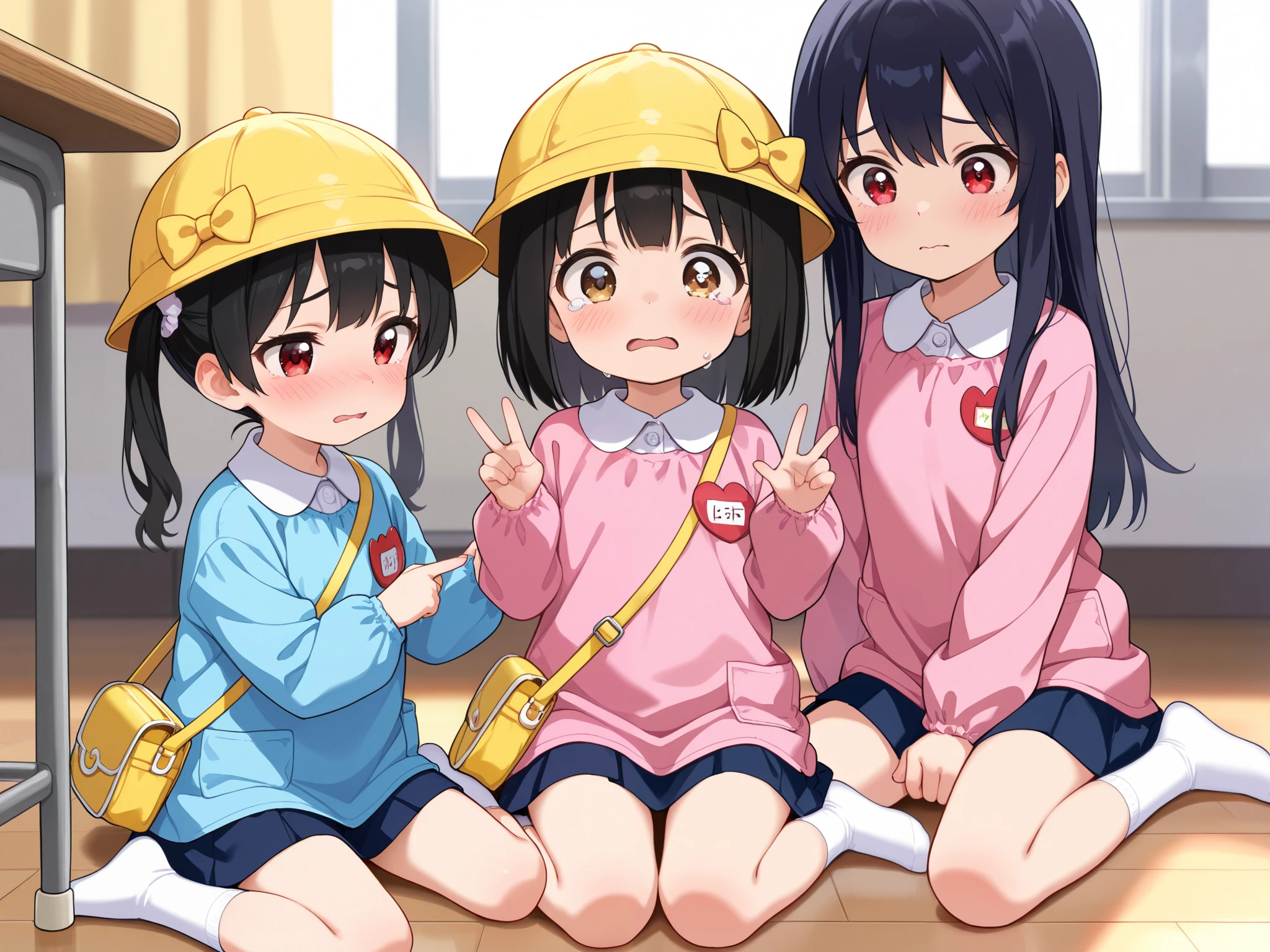 (masterpiece, best quality, highly detailed, ultra detailed), kawaii loli face, (perfect anatomy, best anatomy, extremely detailed, nice hand, perfect hand), (nice leg, perfect leg),(nice finger, perfect finger), (random pose), (random hair color:1.2), (different hair style, different face), (( loli)), Five girls hugging each other while sitting on the floor in a school classroom, wariza, 5girls, teary eyes, raised eyebrows, despair, kindergarten, kindergarten cap, kindergarten uniform, kindergarten bag, socks