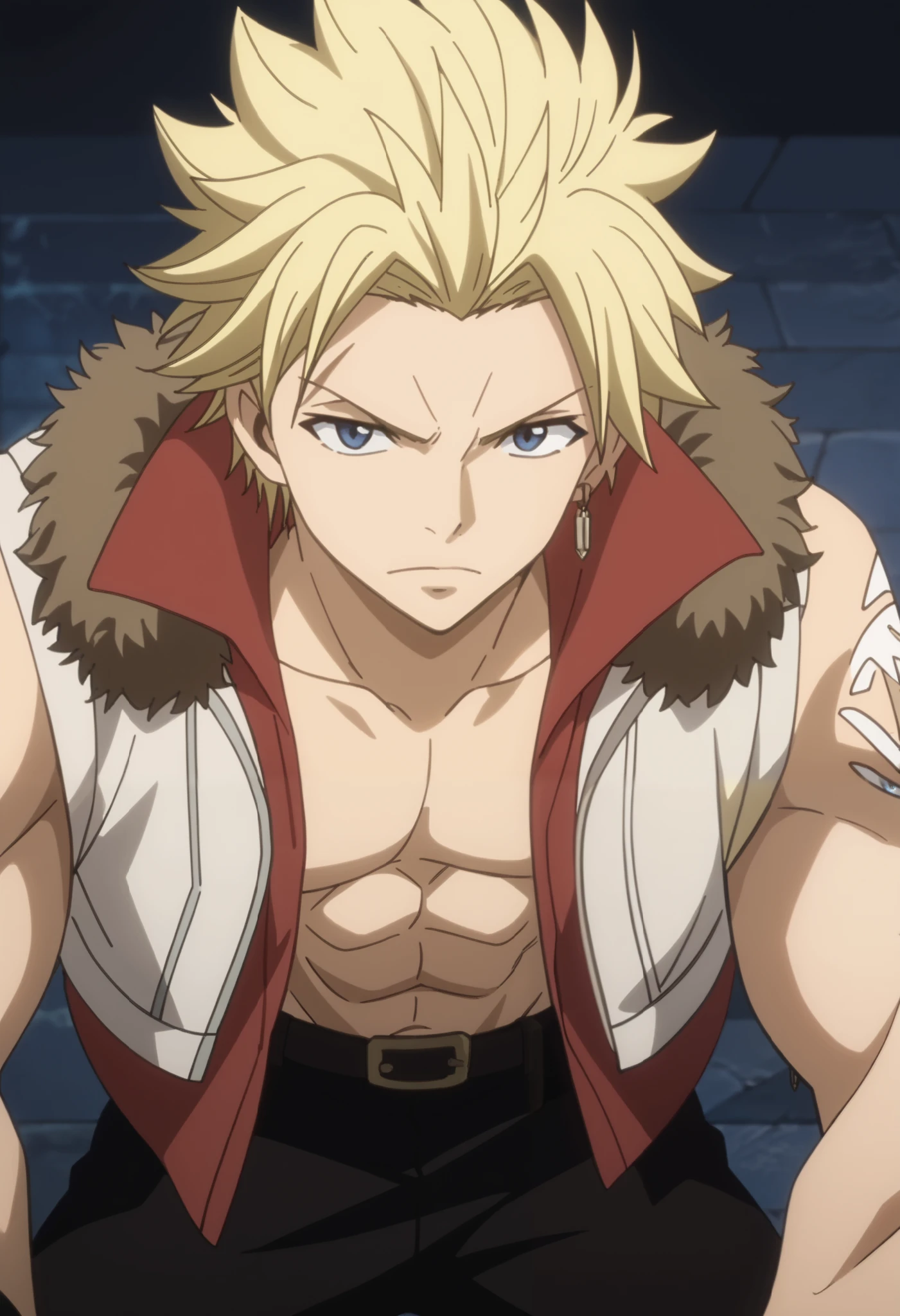  StingFT, blonde hair Sting, light yellow single earring Sting, animated screencap, 1boy, male focus, red-white Sting jacket, brown Sting fur trim, black-yellow Sting belt, dark green pants, blue eyes, detailed face, close-up