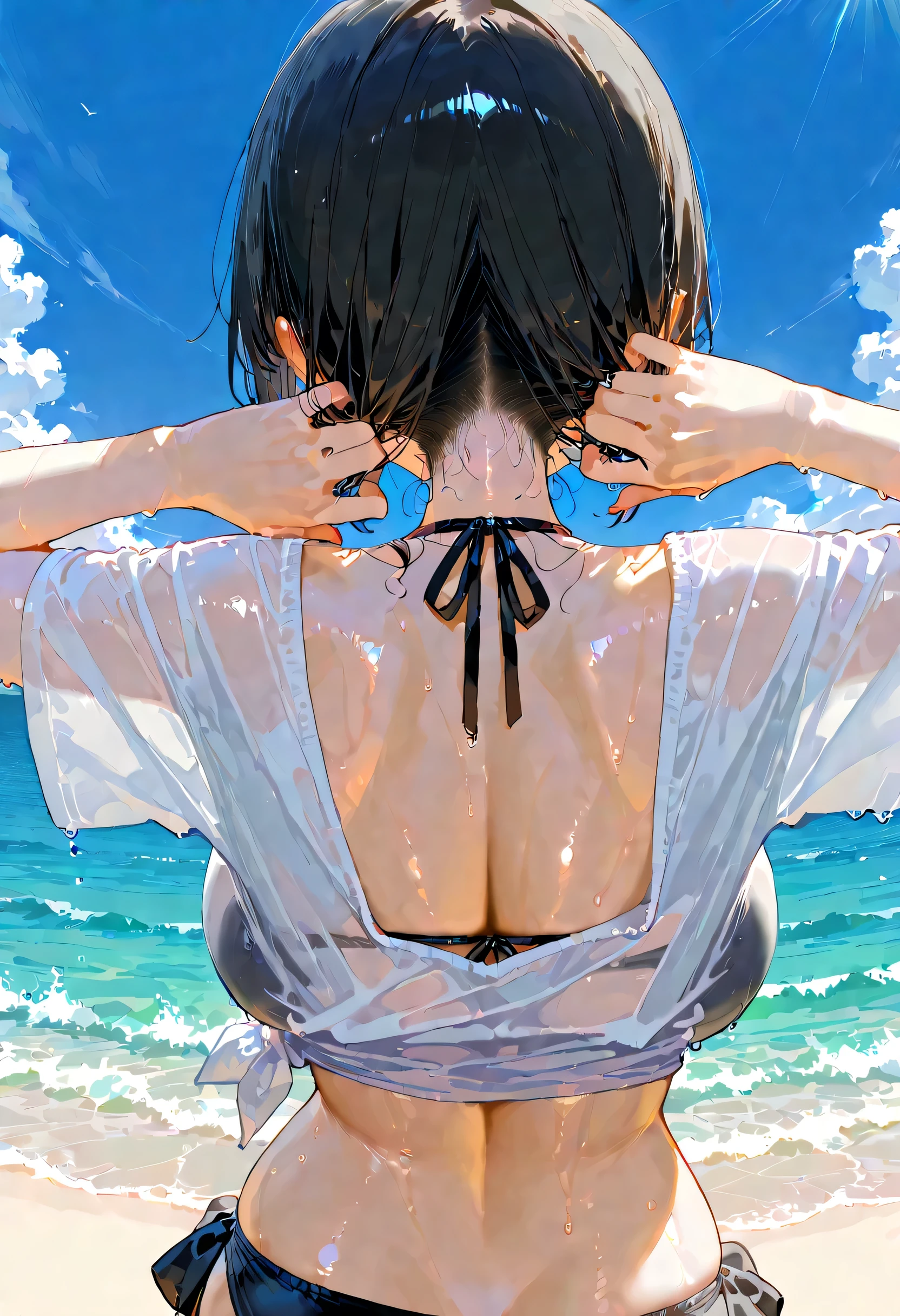Outdoors、fisheye lens from the sky、black hair( pink inner color)、Shortcuts(Long nape、Long pile ),Single Female ,pose,4K HD Wallpaper Glossy Skin,anime girl,black bikini、 white oversized t-shirt(wet)、