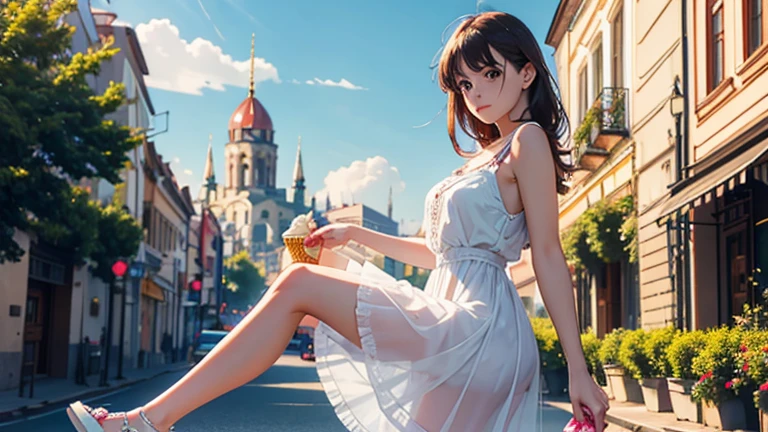 Elegant woman walking on sidewalk in dress, (white line headphones, listening to music), bandeau dress, romantic dress, print, windblown dress, fashion dress, thin waist, light color half-open dress, soft silk fabric, thin, exposed figure, elegant, flowy, summer, no shoulder straps