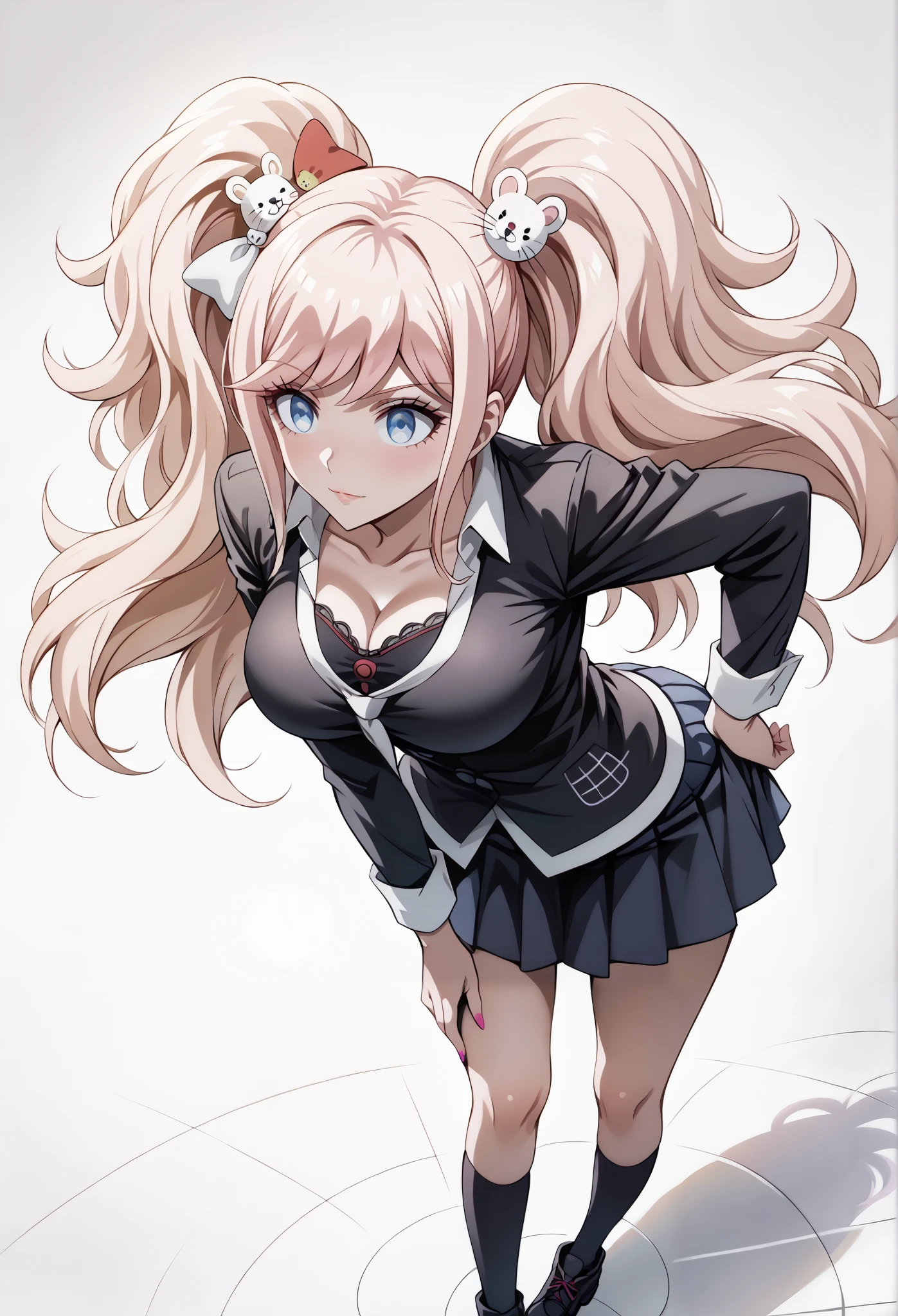 score_9, score_8_up, score_7_up, source_anime, 4K,perfect fingers,(perfect hands, perfect anatomy),prefect lighting, very aesthetic, intricate details,highly detailed background, masterpiece, high quality, best quality, 
1girl, junko enoshima, long hair, bangs, blue eyes, pink hair, hair ornament, twintails, bear hair ornament, Large Breast,
wearing ((goth-ta clothes, )),
NSFW, ((The skirt lifted slightly and showed her panties:1.5)), (standing on one leg, standing side split :1.3),((white plain background)), ((leaning forward:1.5)), ((high angle view:1.5)),