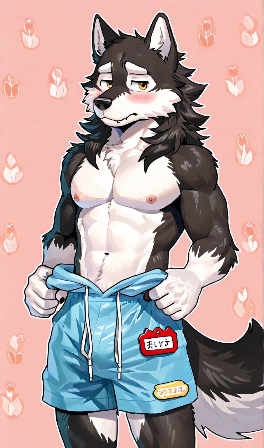 Anthropomorphic fox, In good condition, Pink fur, alone, (Exquisite details), white, Smile, Handsome, OK, white underwear, Sitting on the sofa, Candy clouds, Star decoration, canine, male, giggle, (Slim, muscular, exquisite eyes), nipple, naked, full-body shot