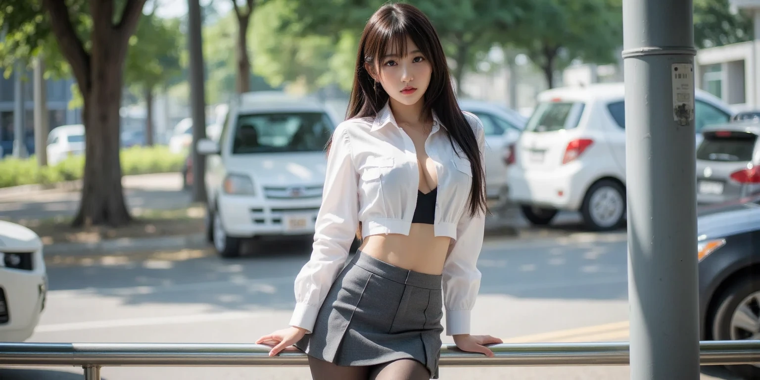 NSFW, 1 Japanese woman, (Masterpiece: 1.3), high resolution, ultra-definition, high-definition CG Unity 8K wallpaper, real, photoreal, raw photo, beautifully detailed face, realistic glowing skin, fine cloth texture, detailed hair texture, perfect style, beautiful face, accurate, anatomically correct, highly detailed face and skin texture, fine eyes, brown eyes, double eyelids, shiny skin, (fair skin: 1.2) , Shiny Necklace and Earrings, (Glossy Lips: 1.4), (Elegant) ) Cute Girl: 1.3), (Up Hair, Wavy Hair, Random Black Hair), (Seductive Smile: 1.2, Blush), (Wearing an elegant tight business suit: 1.3), wearing knit sweater & titeskirt, (Flirtingly lifting her skirt to show her white panties:1.3) cleavage, white lace panties, (cityscape: 1.2), full body shot, skirt pulled up, barefoot,18-25+ random, full body shot, (Bank teller, black skirt, ribbon, long sleeves, pantyhose, white shirt, skirt, vest: 1.1), (Button spacing: 1.3)