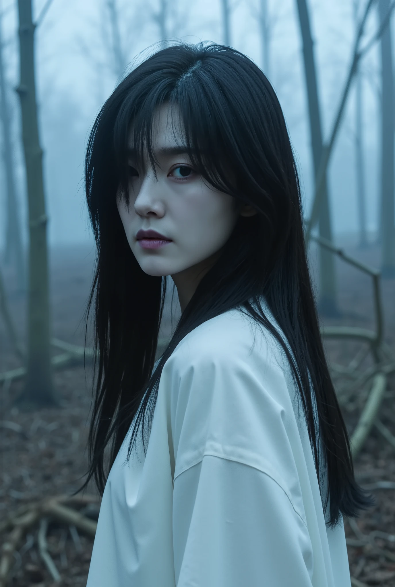 Create a hauntingly beautiful portrait of a Japanese actress on a horror movie set. She has ghostly white skin and deep purple lips, exuding an eerie presence. Her long, disheveled black hair obscures part of her face, enhancing her terrifying appearance. She wears a flowing pure white dress that contrasts with the desolate, withered forest background shrouded in thick mist.
