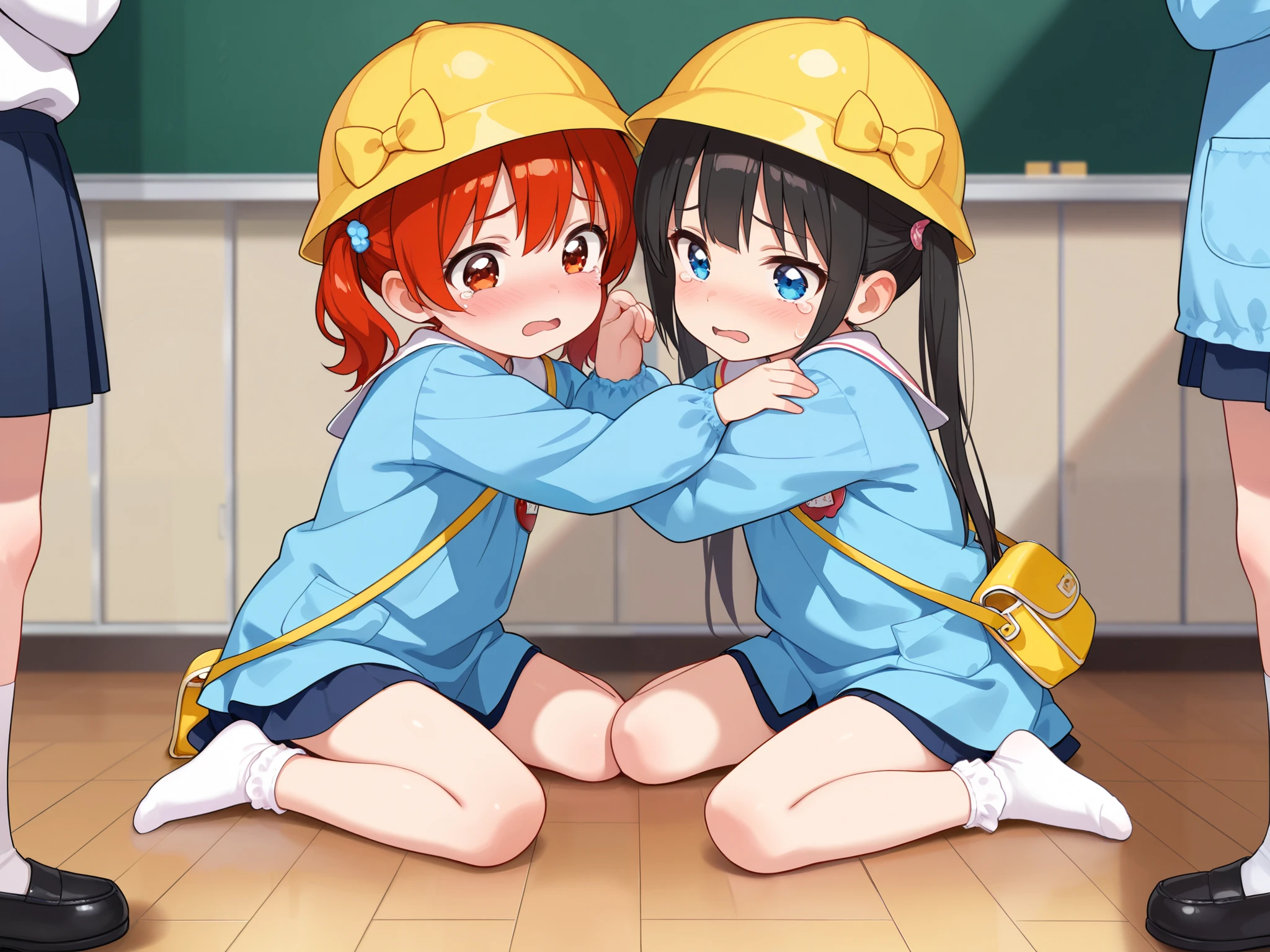 (masterpiece, best quality, highly detailed, ultra detailed), kawaii face, (perfect anatomy, best anatomy, extremely detailed, nice hand, perfect hand), (nice leg, perfect leg),(nice finger, perfect finger), (random pose), (random hair color:1.2), (different hair style, different face), (( loliFive girls hugging each other while sitting on the floor in a school classroom, wariza, 5girls, teary eyes, raised eyebrows, despair, kindergarten, kindergarten cap, kindergarten uniform, kindergarten bag, socks