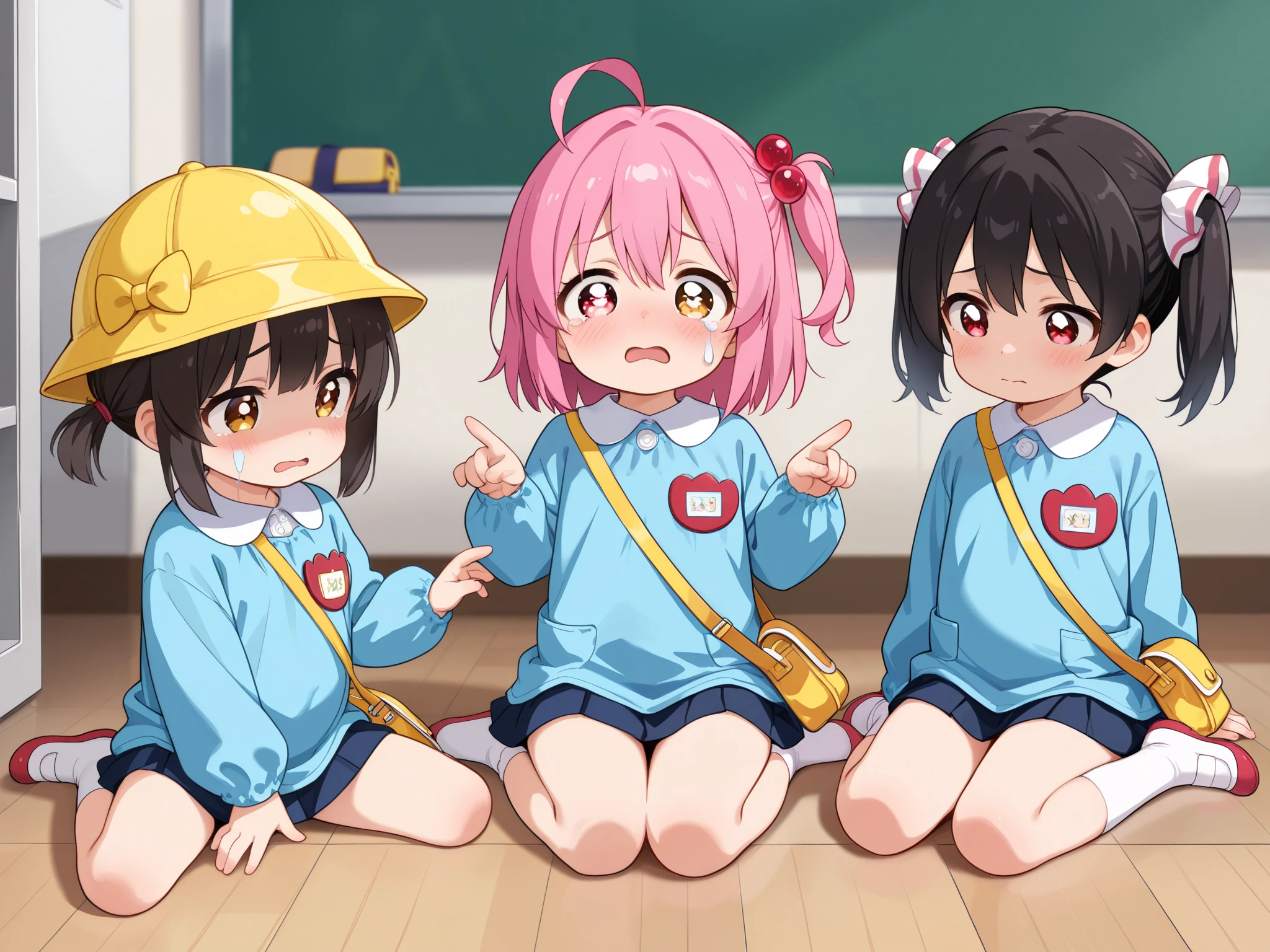(masterpiece, best quality, highly detailed, ultra detailed), kawaii face, (perfect anatomy, best anatomy, extremely detailed, nice hand, perfect hand), (nice leg, perfect leg),(nice finger, perfect finger), (random pose), (random hair color:1.2), (different hair style, different face), (( loliFive girls hugging each other while sitting on the floor in a school classroom, wariza, 5girls, teary eyes, raised eyebrows, despair, kindergarten, kindergarten cap, kindergarten uniform, kindergarten bag, socks
