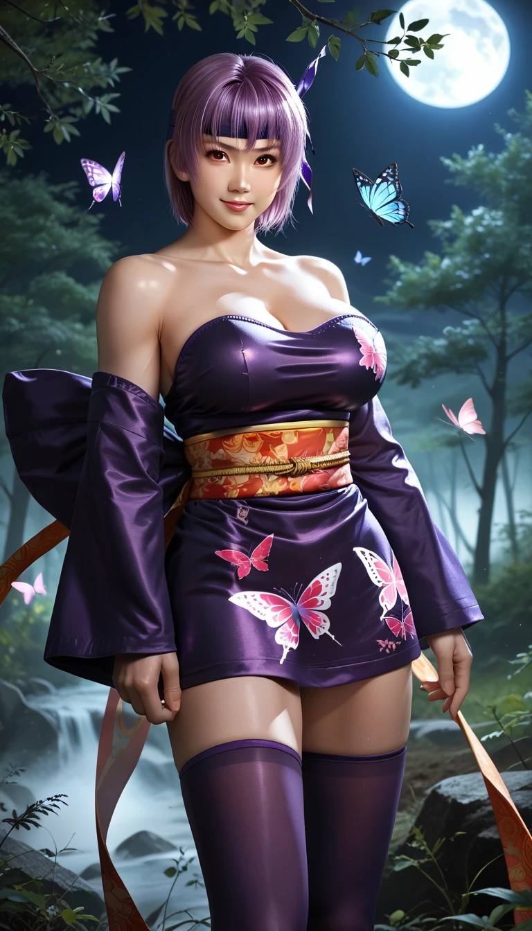 score_9, score_8_up, score_7_up, score_6_up, source_anime, BREAK 1girl, twoAyane, purple hair, red eyes, headband, big breasts general,high resolution,very detailed,very aesthetic,best quality,best hands, BREAK Ayane_DOA, purple headband, BREAK, serious face. solo, thigh highs, cleavage, looking at viewer, bare shoulders, sash, closed mouth, smile, collarbone, zettai ryouiki, sleeves off, dress, clenched fists, strapless, shiny, obi, ribbon, Japanese clothing, long sleeves, thighs, insects, shiny hair, standing, strapless dress, shiny skin, purple thigh highs, skin curves, butterflies, lips, kimono, butterfly motif, night, forest, moon, fog, bottom view