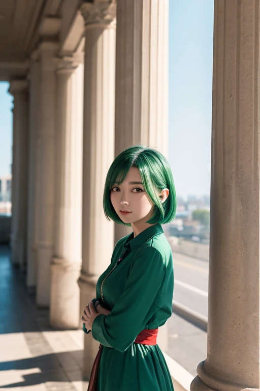 photorealistic,masterpiece, best quality,photorealistic,masterpiece, best quality,from above,1girl, a little fat,solo,tatsumaki, unamused, closed mouth, looking at viewer, crossed arms, black dress, blue sky, clouds,collared black dress, green eyes,