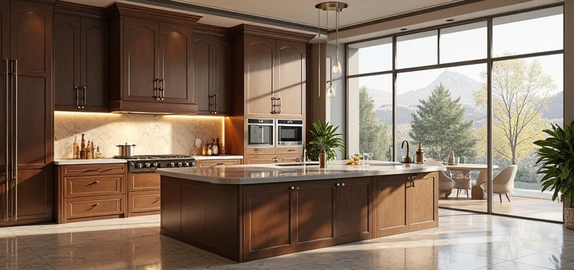 RAW photo, 4k,8k, Masterpiece, high quality, best quality, authentic,natural light:1.4, light fromt window, super detailed, pastel tone, (( walnut wood furniture kitchen cabinets:1.1 )), minimalist architecture, minimalist kitchen room, table glossy marble, chair modern, (domestic refrigerator) , decorative wooden walls, celling light, decorative pendant lights, 1 medium rug:0.6, glossy marble floor, sink, 1 solid wood door:1.4,((laminated plaster,))), sunset light)), archdaily architecture, (high detail: 1.2), 8k uhd, dslr, soft light, high quality, film grain, Fujifilm XT3