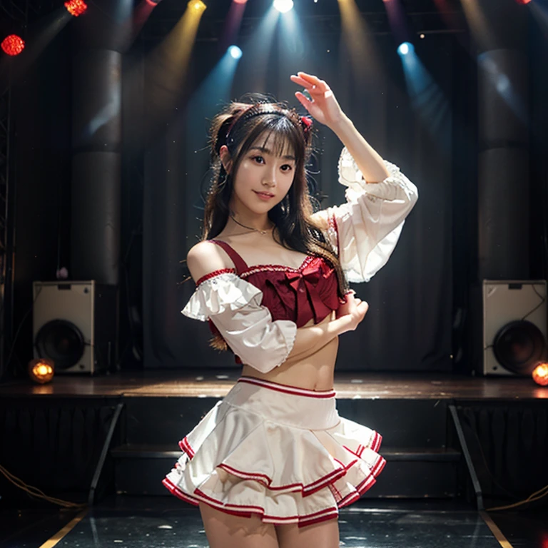 Top quality: 1.4, high resolution, perfect lighting, one woman, bangs, twin tails, double eyelids, Japanese idol costume, red frilly costume, live performance, various color lighting