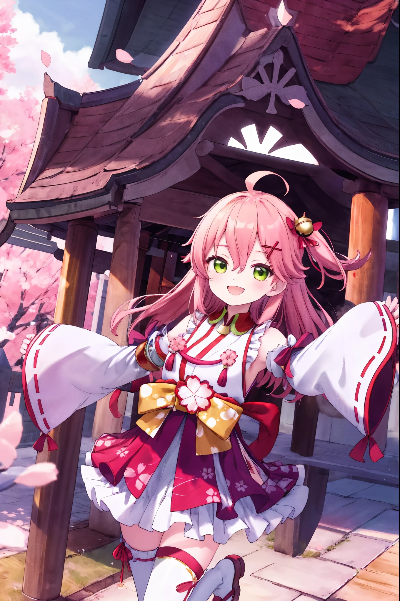 masterpiece, best quality, highres, miko1, sakura_miko, 1girl, big_, solo, ahoge, x_hair_ornament, light_red_hair, floral print, hairclip,(side_less_clothes:1.5), (side_:1.5), hair_bell, floral print, long_hair, hair between eyes, one side up, white thighhighs, asymmetrical legwear, wide sleeves, open_mouth,(happy:1.3),green_eyes,big_smile,(XD:1.5),plump,half_closed_eyes,(overly_long_sleeves:1.3),),sleeves_past_wrists,hands_hidden_sleeves,sidelock_clothes,solo,hidden_wrists,covered_nipples,sunlight,cherryblossom_temple_landscape_background,rise_arms, trying_to_hug,raise_arms