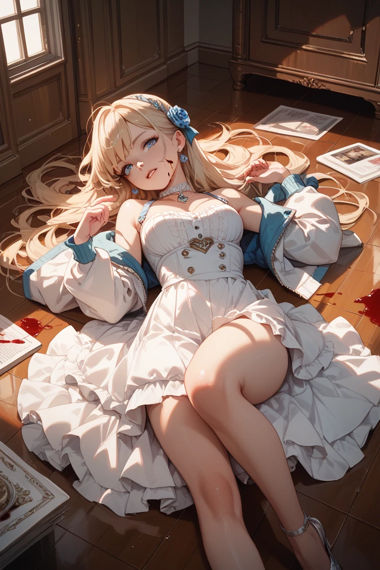 nsfw A detailed face loli shirtless Cute Alice with blonde hair from Alice in Wonderland Sitting on a wooden chair, lifting both legs, cute underwear with frilly decorations opening legs pick up the skirt leg ruffle band toppless high quality breasts