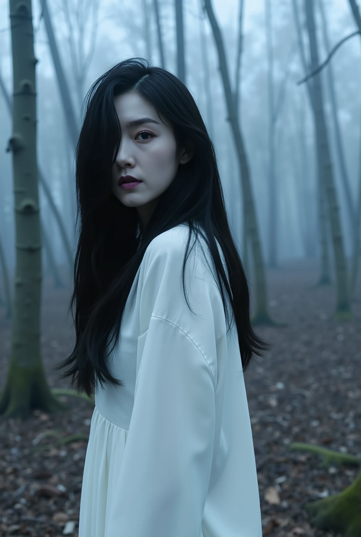 Create a hauntingly beautiful portrait of a Japanese actress on a horror movie set. She has ghostly white skin and deep purple lips, exuding an eerie presence. Her long, disheveled black hair obscures part of her face, enhancing her terrifying appearance. She wears a flowing pure white dress that contrasts with the desolate, withered forest background shrouded in thick mist.