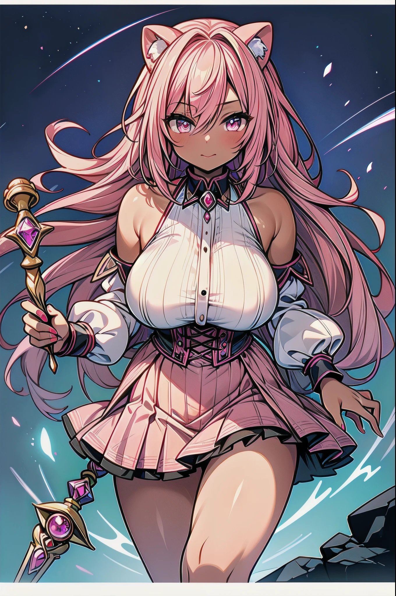 ((best quality)), ((masterpiece)), (huge sagging breasts:1.33),thick legs,.Magical Girl.,pink hair.(dark skin:1.25). Magic Wand. cowboy shot. Square,