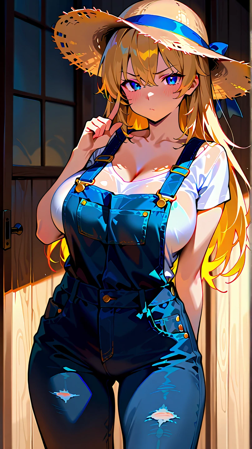 masterpiece, beautiful, 4k, detailed, intricate details, , , overalls, jean overalls, cuffed overalls, blonde hair, long blonde pigtails, long flowing pigtails, soft blue eyes, soft smile, slight smile, 1girl, shirtless, overalls over skin, bare shoulders, bare sleeves, bare arms, medium sized breasts, cleavage, cleavage behind overalls, facing forward, side cut, torso shown, leaning forward, down blouse, cleavage