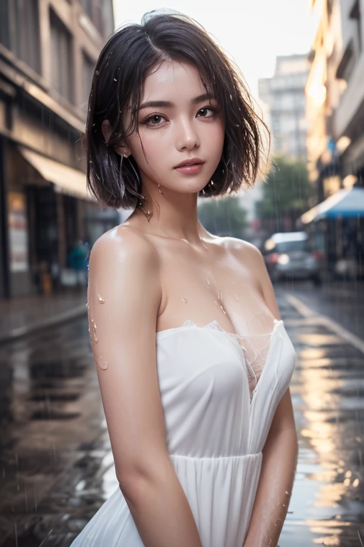 Mix 4, (8k, Live Shooting, Highest quality, masterpiece: 1.2), (Real, Photorealistic: 1.37), One Cute, night, rain, Wetty, Professional Lighting, Photon Mapping, Radio City, Physically Based Rendering, Gradient black hair, Gray Hair, Short Curly Hair, good looking, Highest quality写真, High resolution, 1080P, (Clear Face), (Detailed face description), (Detailed hand description), (masterpiece), (Exquisite CG)、Extreme light and shadow、Disheveled Hair、Masterwork、Rich details、(Fine facial features)、(Highest qualityの写真)、(Masterpiece)、(Detailed eyes)、Look in front of you、Detailed clavicle、((Mid-breasted))、Nipple erection、Sexy、Lady、Clear、No shine on clothes、rainのなか、outside、Large umbrellaをさしている、rainで服が濡れている、rainで髪の毛が濡れている、My clothes are wet and transparent、Large umbrella、