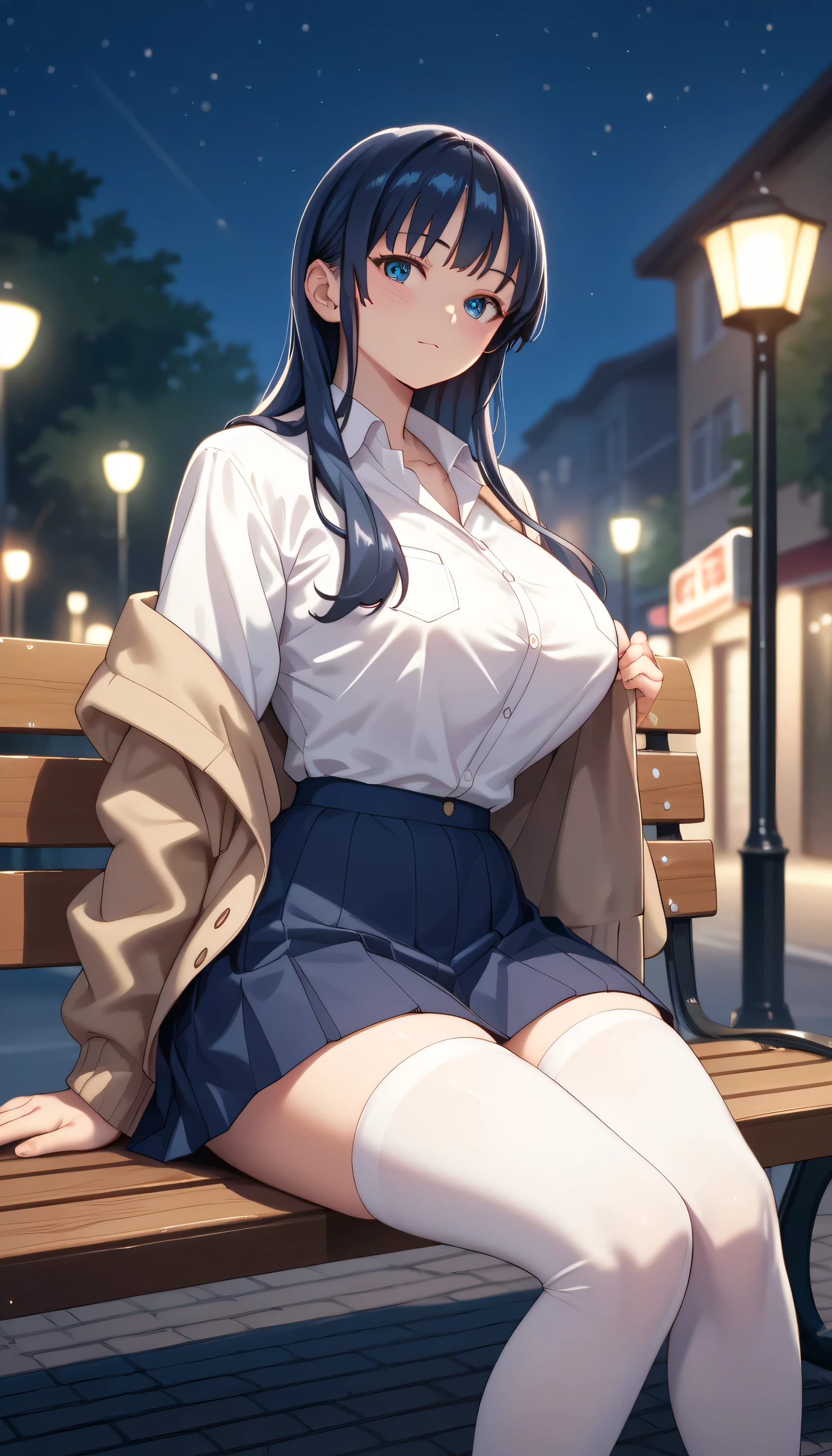 Yamada_Anna wearing a school uniform and white stockings, pretty, curvy, long hair, dark blue hair, browneyes, fair skin, large breasts, boring, stoic, sitting on a street bench, alone, at dusk, (night scene:1.2), drawn in an anime style