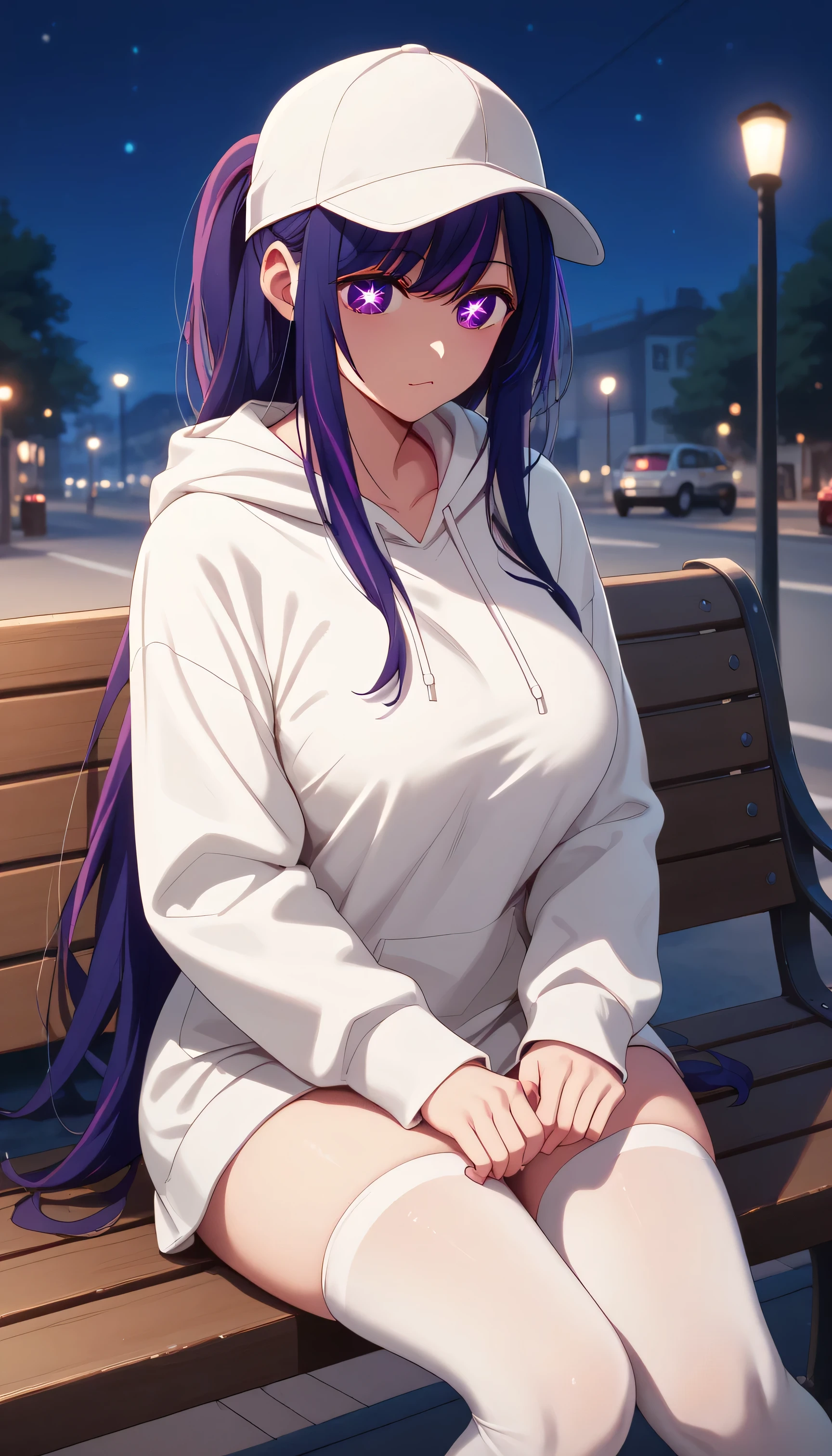 Ai Hoshino wearing a hood, hoodie, hood down, long sleeves, white hoodie, hat, baseball cap, white stockings, pretty, curvy, long hair, bangs, purple eyes, purple hair, symbol-shaped pupils, fair skin, large breasts, boring, stoic, sitting on a street bench, alone, at dusk, (night scene:1.2), drawn in an anime style