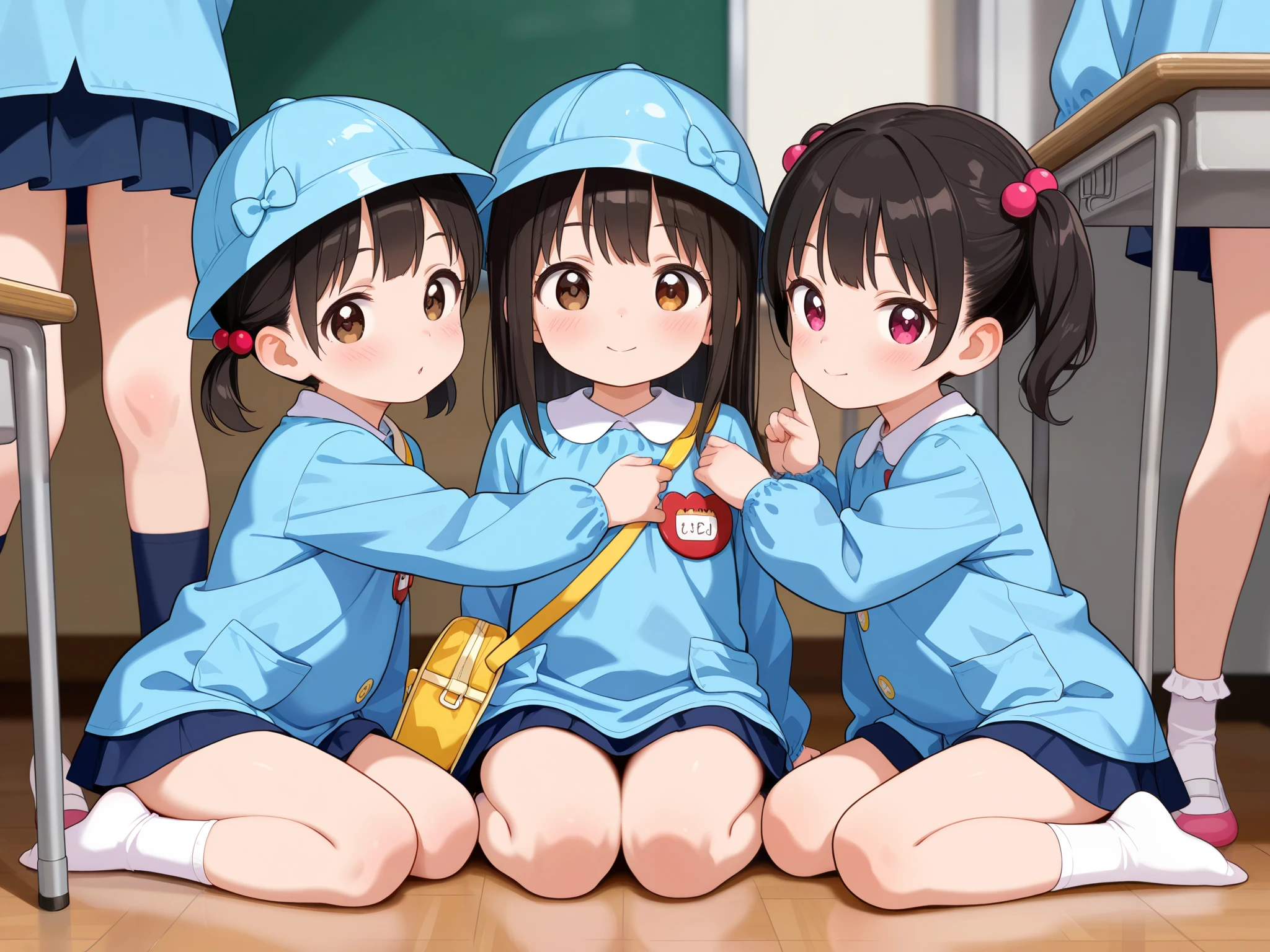 (((nsfw))), (masterpiece, best quality, highly detailed, ultra detailed), kawaii face, (perfect anatomy, best anatomy, extremely detailed, nice hand, perfect hand), (nice leg, perfect leg),(nice finger, perfect finger), (random pose), (random hair color:1.2), (different hair style, different face), (( loliFive girls hugging each other while sitting on the floor in a school classroom, wariza, 5girls, kindergarten, kindergarten cap, kindergarten uniform, kindergarten bag, socks