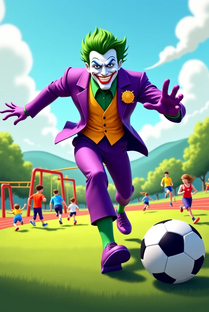 Make the joker in the Atletico de Madrid stadium with the Atletico de Madrid shirt and have him with Winnie the Pooh with the Barcelona shirt and this Gumball from the world of Gumball with the Real Madrid shirt and they are all fighting.