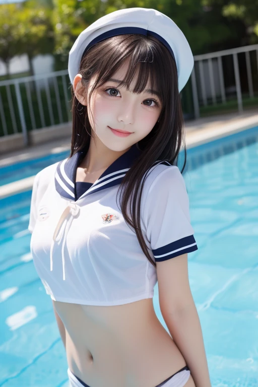 girl with、A smile、Colossal tits:2.0、teats、a sailor suit、Navel out、Panties seen through the red miniskirt、White light stockings