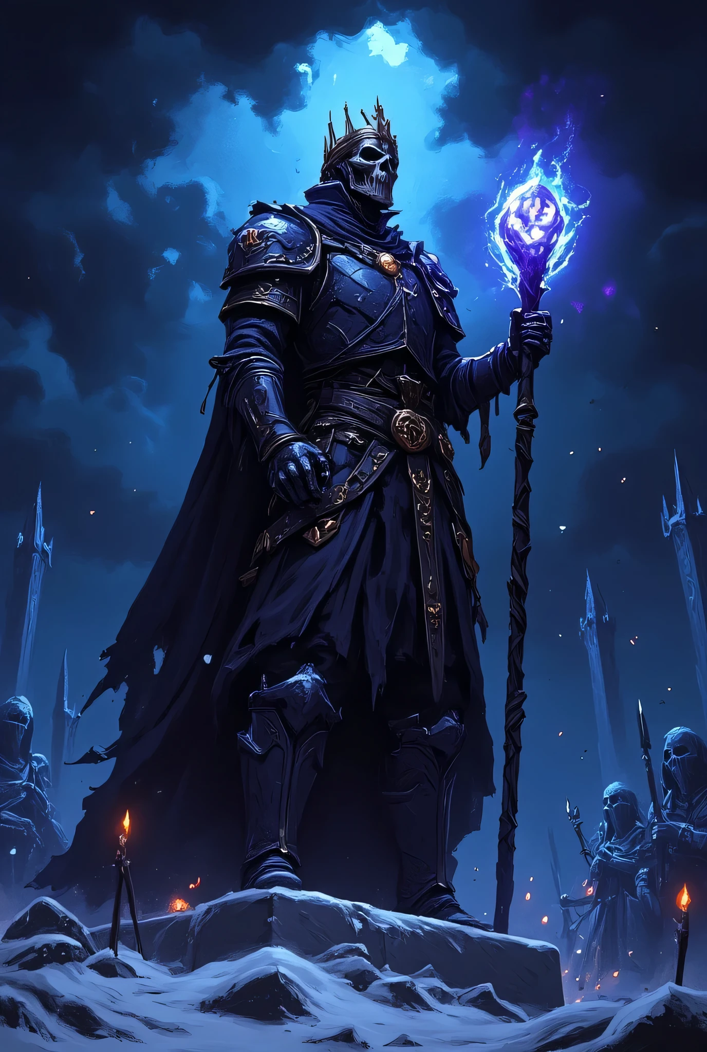 King Lich, Altheron, The Sovereign of the Dead, stands on a frozen throne high in his cursed fortress, Nerathis, a city immersed in eternal cold. His imposing figure With an ominous spectral blue glow. His skeletal body is wrapped in black armor and corroded by dark magic, decorated with arcane runes that glow dimly in shades of purple and blue. His torn layer, covered in frost, flutters in the air as if it were made of living shadows.

In his skull, fused with his being, rests a broken crown of blackened iron and dark ice crystals, while his eyes, two orbs of icy fire, burn with hatred and eternal agony. In her bony hand she holds the Scepter of Eternal Condemnation, a twisted staff of bone and obsidian that seems to distill a deadly cold.

behind his back, an apocalyptic sky roars with storms of black clouds and blue lightning that briefly illuminate In the icy landscape. in the distance, you can see the Gothic towers of Nerathis cut against the ghostly fog and the blizzards that hit the frozen city. The ground is covered with burning runes and broken bones, as an icy and lethal fog swirls around the throne.

Around you, an army of undead unfolds in formation: skeletons with rusty armor, ghostly knights riding steeds skeletal, and powerful necromancers that they worship in silence. The atmosphere is oppressive and charged with evil energy, evoking the absolute power of King Lich over death and cold.

The style is high-quality digital art, with an extreme level of detail in the armor of King Lich, the effects of supernatural light and the epic background that conveys a sense of desolation, power and arcane horror.
 