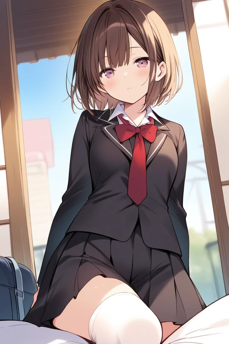 ultra high quality illustration, anime, high quality , 8k, masterpiece, realistic human female, realistic proportions, detailed face, smooth soft skin, realistic dreamy eyes, beautiful intricate colored hair, symmetrical, intricately detailed hair, soft lighting, detailed eyes, beautiful, (looking at the viewer), perfect skin, (beautiful detailed face), Tendo Yuuki, looking at viewer, smile, outdoors, green eyes,  young girl, ahoge, hair clip, full body, shoes, loafers, blazer, white shirt, tie, skirt, pleated skirt