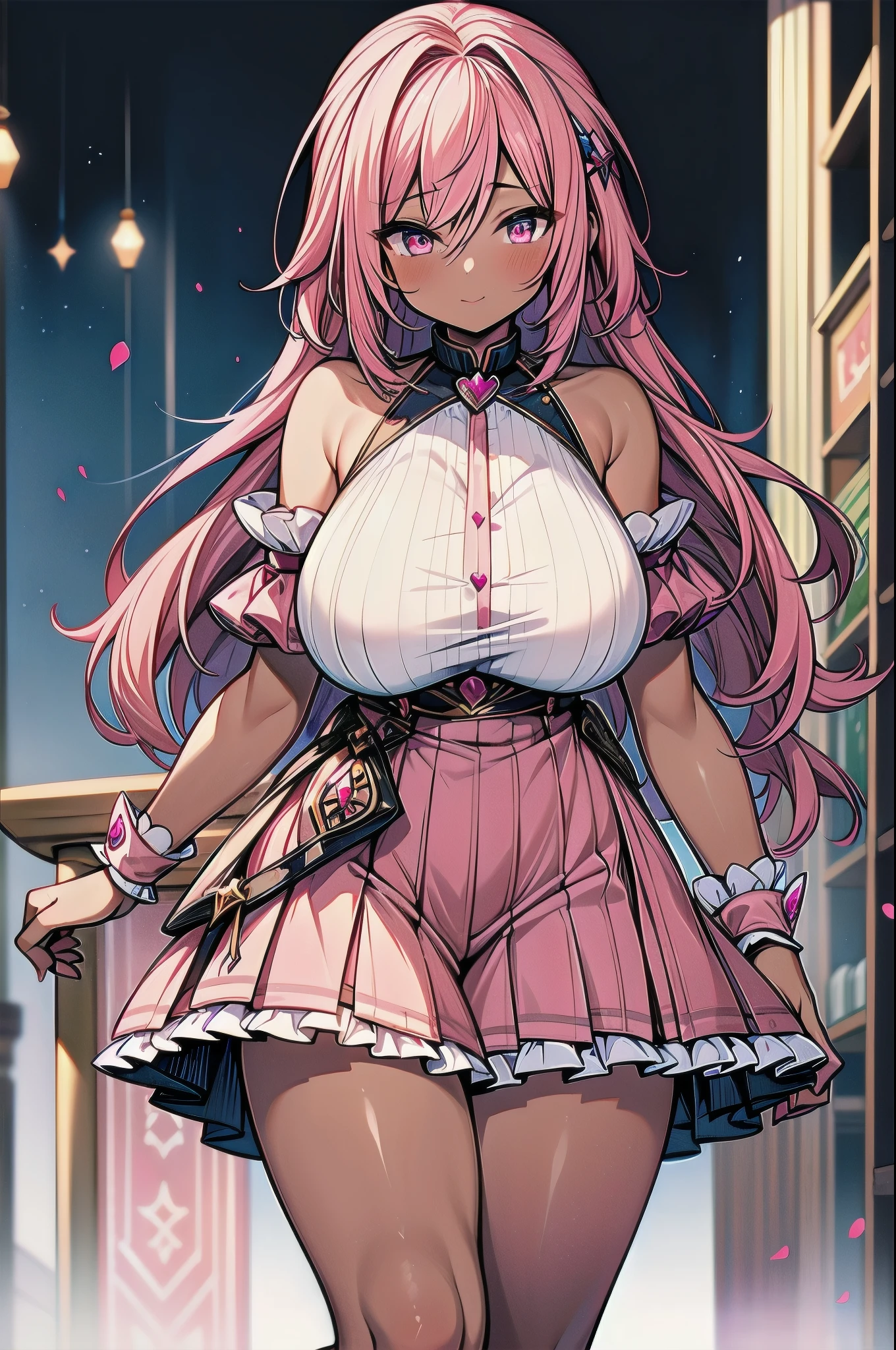 ((best quality)), ((masterpiece)), (huge sagging breasts:1.38),thick legs,.Magical Girl.,pink hair.(dark skin:1.25). Magic Wand. cowboy shot. Square,