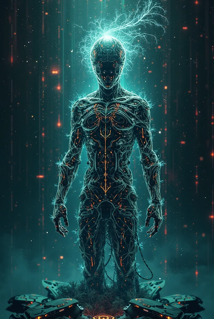 "An abstract figure symbolizing artificial intelligence, with a luminous core in the center surrounded by circuits and binary codes. From the core, Waves of information emanate from the screen, connecting to conversation bubbles with keywords and symbols of various topics., as science, art and technology. The figure is enveloped in a digital aura with blue and green tones., on a dark background evoking a futuristic atmosphere."