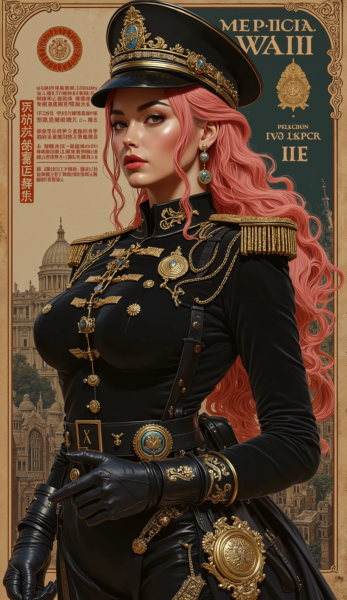 the proportions and detailed textures multicolor brushwork and softened with airbrush, semi-realistic ink china illustration of a strong and beautiful young girl in a steampunk style police uniform and epic fantasy (full body pose, with a confident and daring stance, Full lips and defined eyebrows, thick thighs, huge round breasts, wide hips, thin and high waist, flat stomach) Her long, straight pink hair is tied into a (long) braid that falls down her back. Her uniform consists of a black shirt beautifully decorated with military orders, decorations and medals, a tight, high-waisted, finely tailored knee-length pencil skirt, and an officer's beret decorated with a military police badge. In the background is a recruitment poster for the army, all in a steampunk and World War II style. The composition, halfway between vintage and punk, of the overall image is clean, defined and of high quality. balanced saturation in the color palettes very defined (color with monochrome shading and shine tones of red 25% + yellow 25% + blue 25% + biofluorescent 12.5% + transparencias 12.5%. Aesthetic fusion by (Fibonacci ratio. Young girl (Her skin pink with various shades of dark-beige that give contrast and brightness character) style. A poupée realiste of a young office's police. haute couture photoshoot (Full body in a movement position with hands and legs in a dynamic pose). Fluid texture of fine, thin fabric that molds to your body (Her clothes with relief and folds give volume and depth to the character). Sharp Highly Detailed Soft Focus, Approaching Perfection, Full HD 8K, High and Low Angles. of Gianni Versace, Coco Chanel, Alberto Vargas, Greg Rutkowsk art style fusion.
.