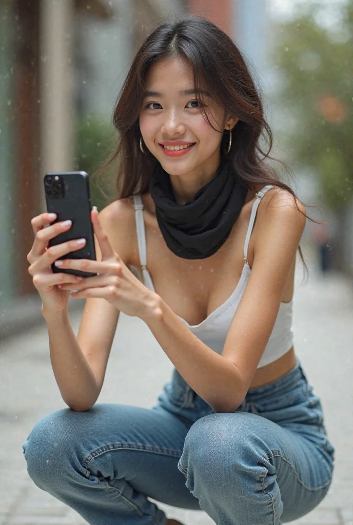 Show entire body, feet in view, looking at her phone, smiling, RAW HD photo of an 18-year-old Asian female, blonde (blue-eyed woman, sitting outside, snowy day, large breasts, topless, beanie, scarf, (skirt), (neckline), details, glossy eyes with high detail (looking at cellphone), SLR lighting, SLR camera, ultra-quality, sharpness, depth of field, film grain (center), Fujifilm XT3, crystal clear, frame center, beautiful face, sharp focus, neon lighting, detailed skin pores, oily skin, pantyhose, short skirt, no shoes, sunburn, complex eye details, full body, large breasts, looking at her phone