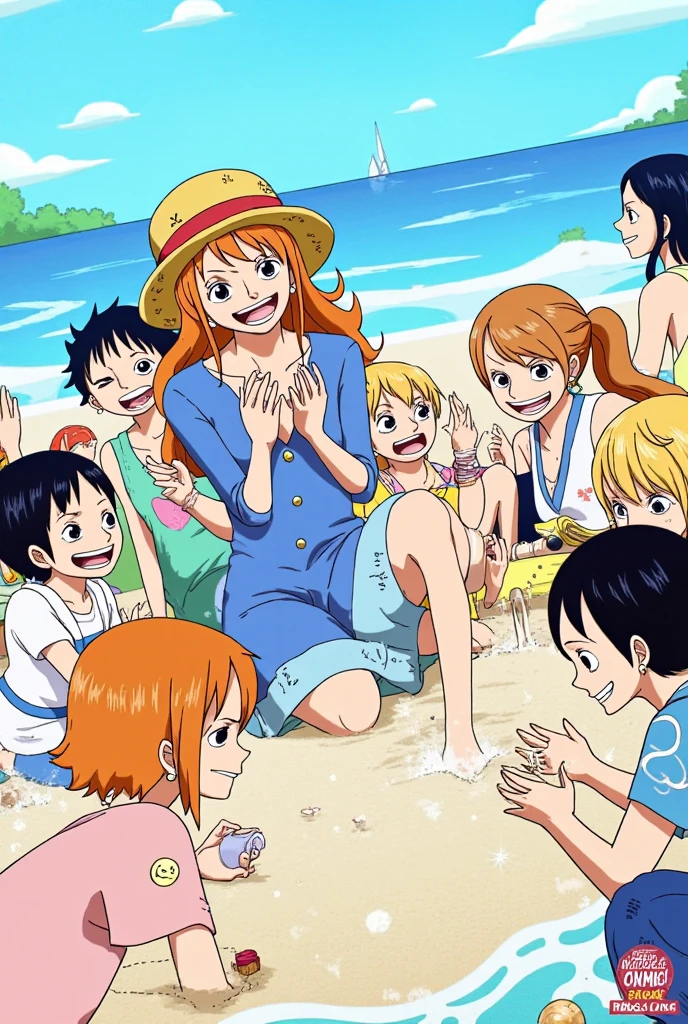masterpiece, best quality, highres, ahri1, 1girl, solo, blonde hair, k/da (league of legends), long hair, multicolored hair, open hair, blue eyes, two-tone hair, beach day, smile, 2 young boys on her both sides, red hair boy on the left and blue hair boy on the right