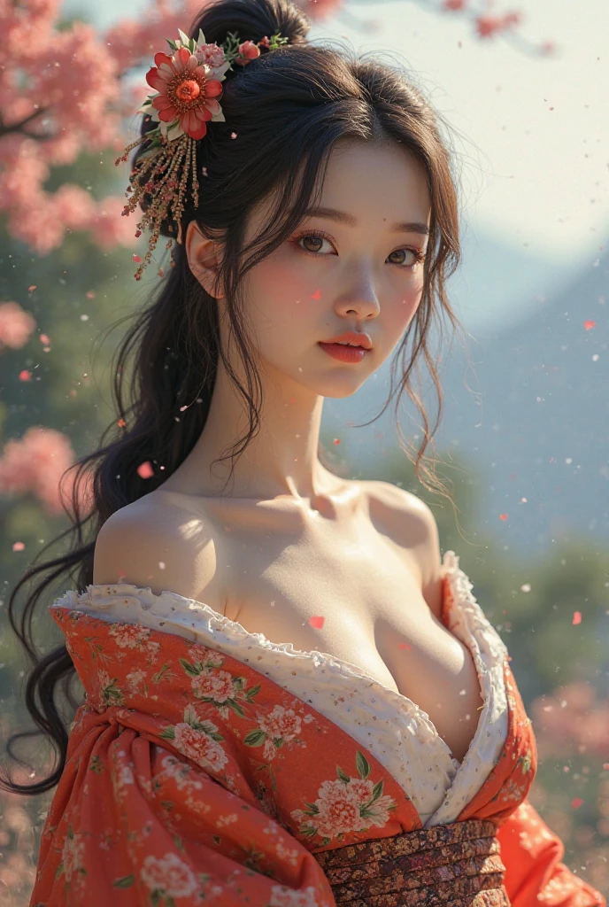 1girl, in photoshoot, posing pampered princess, sexy pose, full body, wearing traditional japanese clothes, 8k, RAW photo, best quality, masterpiece,realistic, photo-realistic, big breasted , show cleavage,