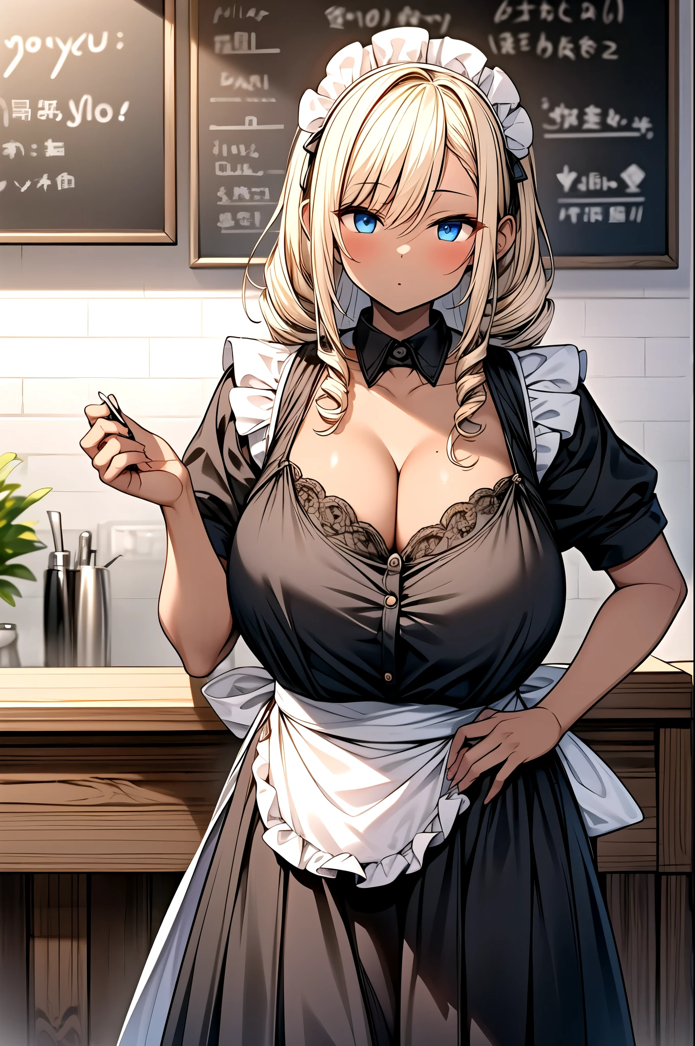 (a miniature woman standing besides a giantess girl: 1.1), (two girls standing next to each other with height difference: 1.2), (hugging), (yuri: 1.2) closeup breasts and face, (from below view: 1.2), (medium sized breasts), cleavage, (indoors: 1.1), (2girls: 1.5), (height difference: 1.9), (size difference: 1.3), (mature adult woman: 1.3), (yuri: 1.2), (cafe: 1.1), cute dress, maid uniform