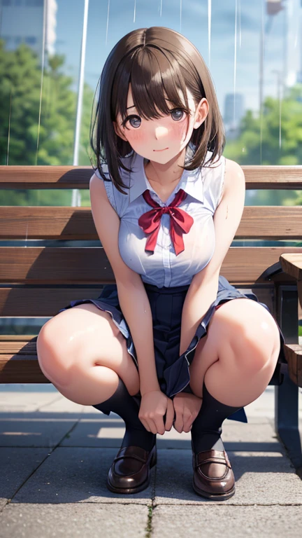 ((Correct Anatomy)),(Female student),((school uniform)),((Sailor suit)),((White lace panties)),(Mini Pleated Skirt),(((loose socks))),Ultra-high resolution,Mature Woman, Mature Woman, Very detailed,Sunburned skin,Brown Skin,((Beautiful feet)),(Big Breasts),((Beautiful legs)),Perfect hands, Detailed fingers, Beautiful details, ((Long Hair)),((ponytail)),Black Choker, Earrings,loafers,Embarrassing,Perfect Eyes, Captivating eyes,(School)
