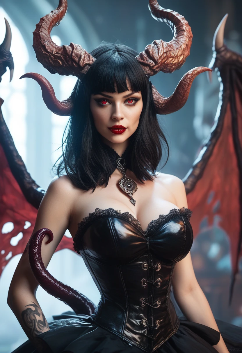 score_9, score_8_up, score_7_up, BREAK,
a woman in a black dress sitting in front of a fire, a picture, shutterstock, fantasy art, portrait of megan fox as a queen, girl design lush horns, unreal engine 5 lighting, intricate costume design, high resolution movie still, demons, trending on unreal engine 5, (((mad))) elf princess, burning, 4 k detail, lina, fantasy aesthetic!