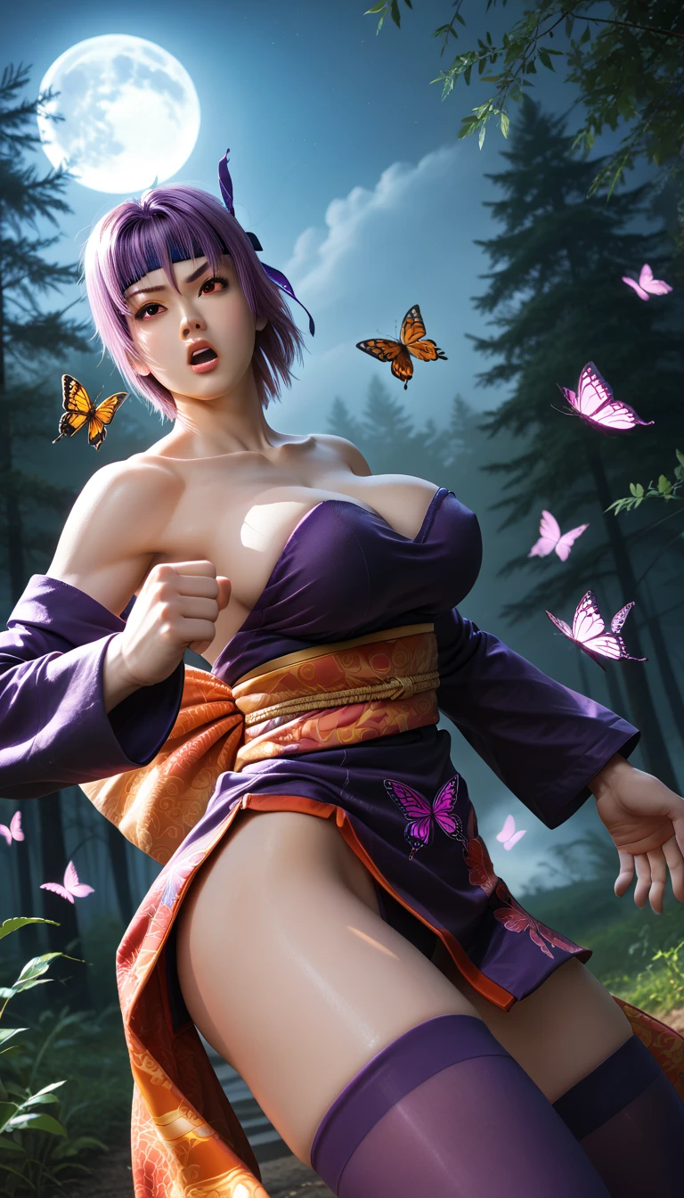shinobu kochou, (Taisho era),naked,animal print, black hair, flying many small butterfly background, butterfly hair ornament, butterfly print, forehead, gradient hair, hair ornament, haori, multicolored hair, parted bangs, purple hair, short hair, two-tone hair,white belt, black pants,butterfly print, coat,,1 japanese girl,perfect hands, perfect finger,perfect anatomy, masterpiece, best quality,realistic, hyperrealistic, 16k hdr,large breasts,cleavage,outdoor,night,fighting pose,sweat,smile,red blush,erected nipples,holding japanese sword