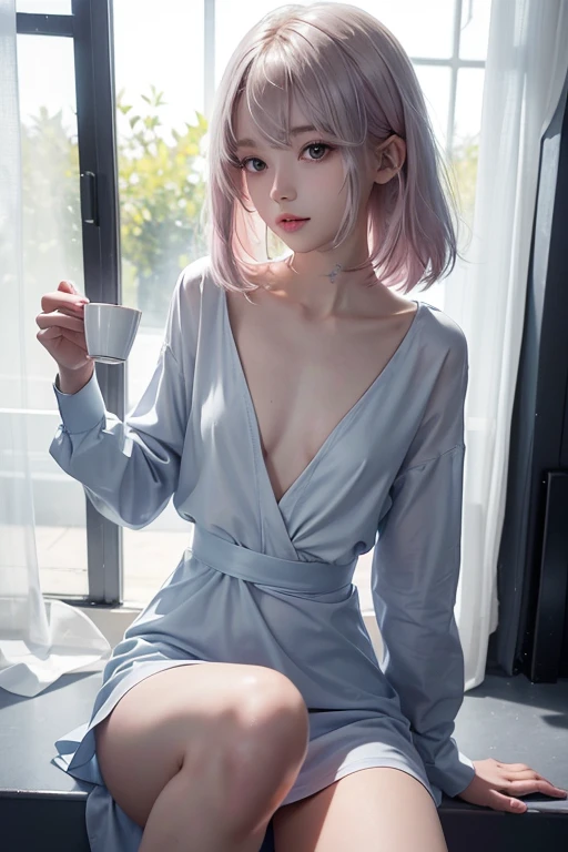 Lean on window, smile, Silver hair, bob hair, hair bang, cat ears headband, shining hair, skin pores, shining skin, sexy shirt, in room, lovely, beautiful