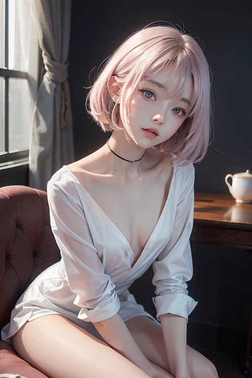 (masterpiece), (best quality), Ultra-high resolution, Raw photo, A photo-realistic, ((Looking outside by the window on a rainy day)), super cute woman, 1girl, (perfect face:1.2), (beautiful face:1.2), (((pale pink hair))), long hair, (upper body:1.3), light smile, (looking out the window:1.4), pose, sheer shirt, indoors, morning time, intricate, depth of field, cinematic lighting,