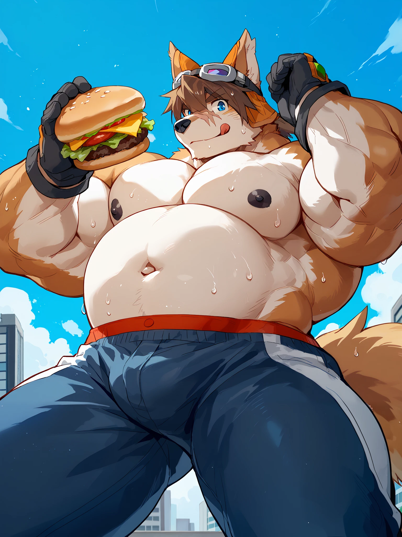 kemono, bara, solo, furry, Red Savarin, dog boy, 1boy, two-tone fur, brown hair, dog ears, animal nose, blue eyes, dog tail, scar on face, pants, goggles on headwear, gloves, tail, huge muscular, big belly, dog, bedroom eyes, huge black nipples, golden navel ring, broad shoulders, red thong, bulge, eating a hamburger, embarrassed look, flushed, cute, macro, city, close up, looking at viewer, low view, sweaty, BREAK score_9_up,score_8_up,score_7_up,score_6_up,score_5_up,score_4_up BREAK by null-ghost