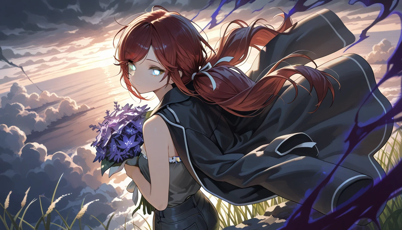 (masterpiece:1.2, Best Quality), (finely detailed beautiful eye: 1.2), (beautiful detailed face), (masterpiece:1.2, Best Quality), (finely detailed beautiful eye: 1.2), (beautiful detailed face),from above, from behind, looking out to sea, storm clouds, dark aura, dark energy, bristly hair, glowing eyes, dark aura, shadowy aura, upper body, thin girl, holding bouquet of purple flowers, expressionless, :l, Gray eyes, lifeless eyes, head tilt, dark red hair, swept bangs, low twin tails, white ribbons, strapless sleeveless shirt, gray shirt, shirt with white trim, frill trim, black coat worn over shoulders, black jeans, black nails, thin thighs, thin legs, sea in distance, shimmering sea, tall grass, atop cliff, close up, messy hair, stoic, shadowy aura, dusk, few stars,