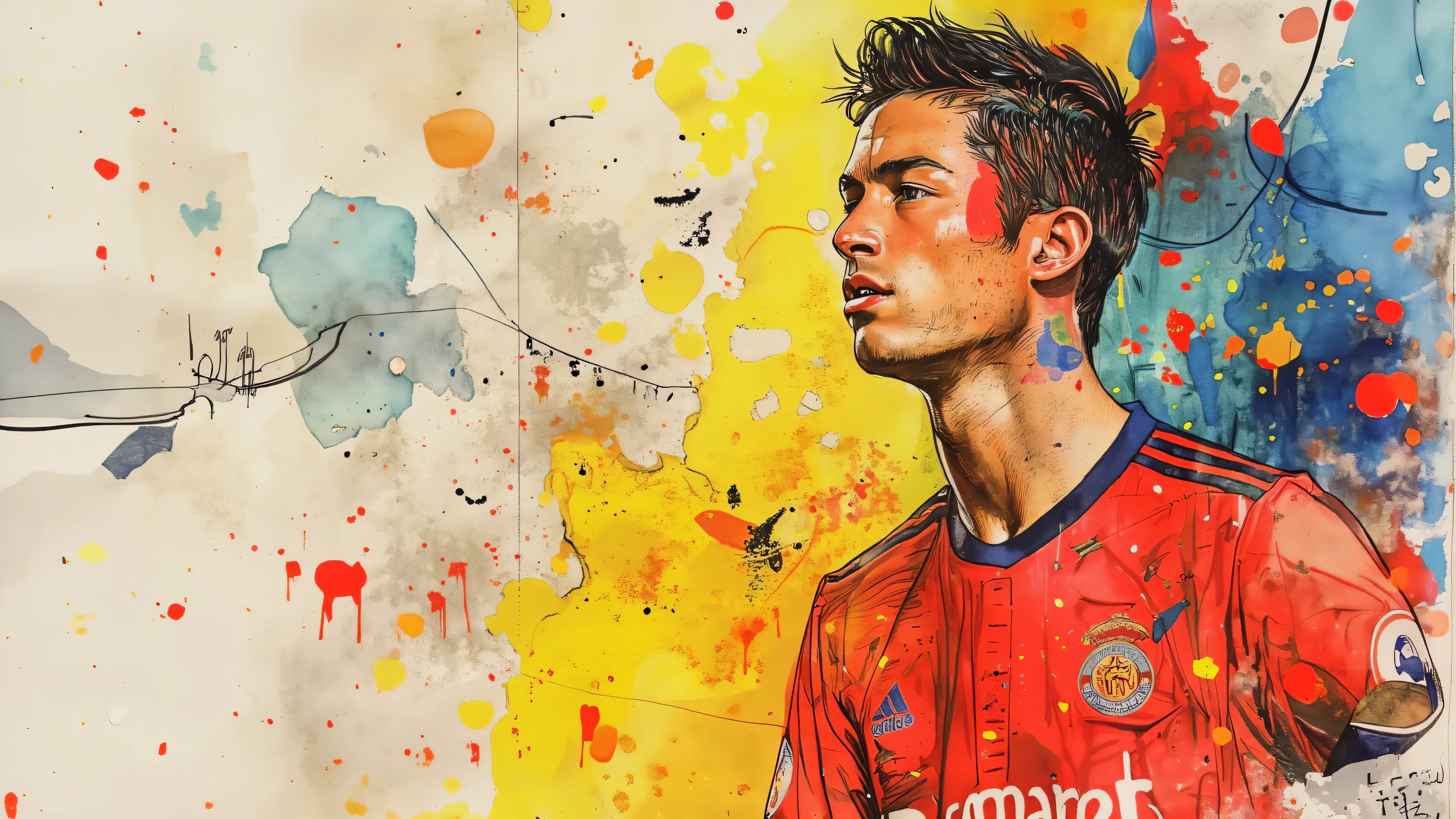 ((A draft of the player's ink-rendered sketch)),((C Ronaldo))),(Ink drops),(graffiti sketch ),(best quality),(Extreme details),(disperse color blocks),(distributed canvas design),(messy canvas),(wallpaper design),(delight:1.3)