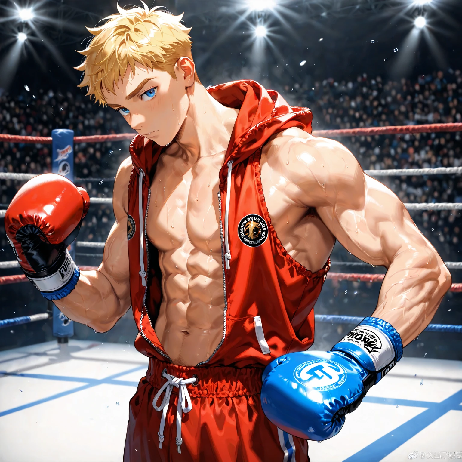 score_9, score_8_up, score_7_up, source_anime, score_6_up, score_5_up, score_4_up, BREAK 1guy, heavy weight muscular, black wrestling bikini, solo, topless, blonde, fighting stance, hollywood action, masculine handsome guy, tsurime, sanpaku, blue eyes, spiked hair, nipples, abs, male high ratio body proportions, dramatic expression, dutch angle, on wrestling ring, thick waist, stocky waist, slighty chubby, muscular plump, 1990s, cinematic shadows, cinematic lighting, lens flare, light leaks, VHS Quality