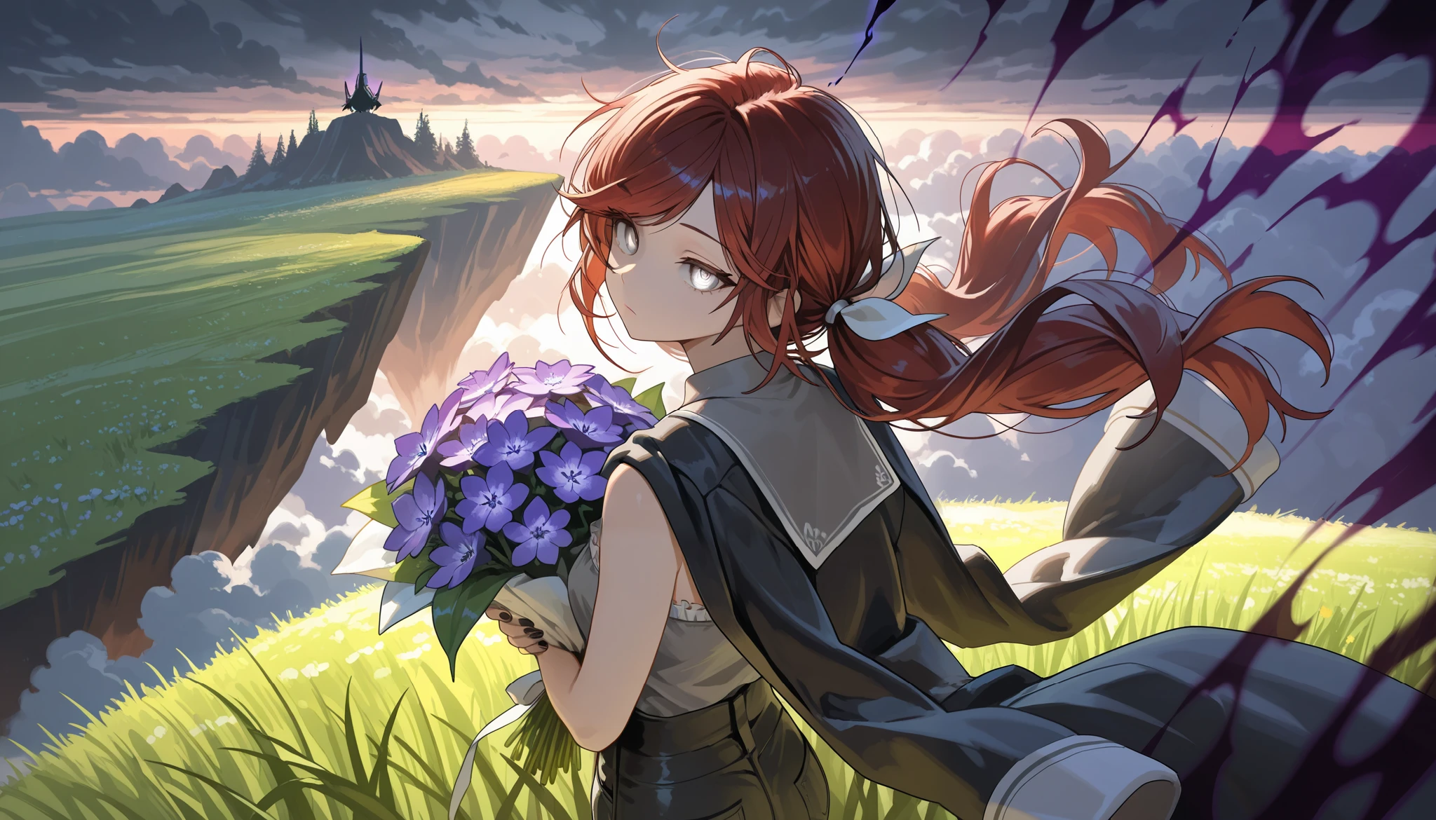 (masterpiece:1.2, Best Quality), (finely detailed beautiful eye: 1.2), (beautiful detailed face), (masterpiece:1.2, Best Quality), (finely detailed beautiful eye: 1.2), (beautiful detailed face),from above, from behind, looking out to sea, storm clouds, dark aura, dark energy, bristly hair, glowing eyes, dark aura, shadowy aura, upper body, thin girl, holding bouquet of purple flowers, expressionless, :l, Gray eyes, lifeless eyes, head tilt, dark red hair, swept bangs, low twin tails, white ribbons, strapless sleeveless shirt, gray shirt, shirt with white trim, frill trim, black coat worn over shoulders, black jeans, black nails, thin thighs, thin legs, field of colorful flowers , tall grass, atop cliff, close up, messy hair, stoic, shadowy aura, dusk, few stars, solo,