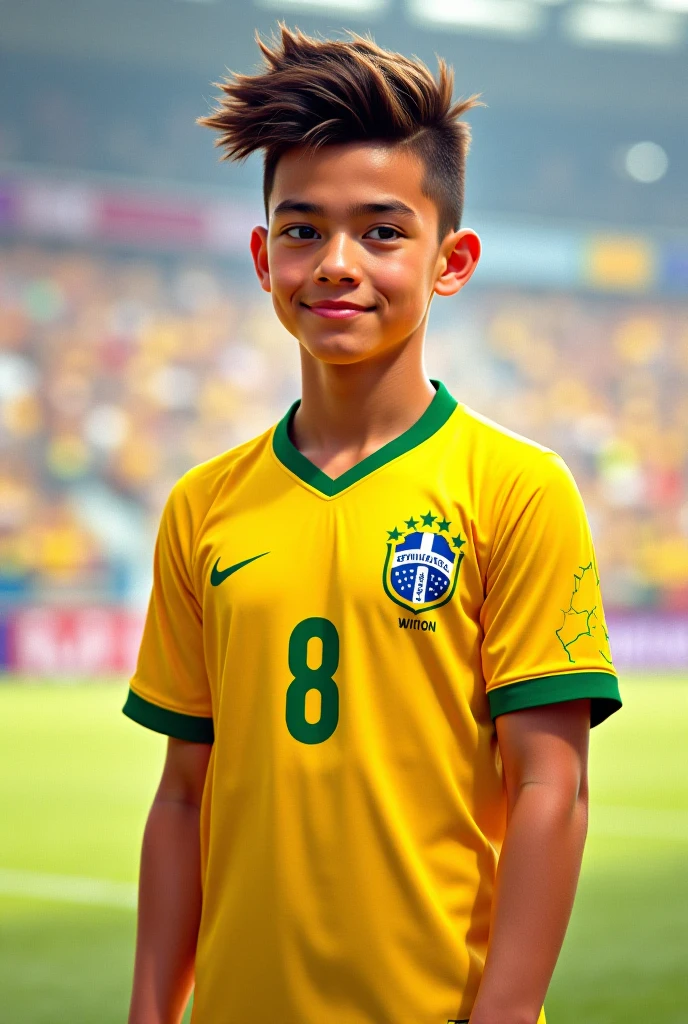 on a soccer field, a 12 year old boy has his back to the camera, watching the game. His name is Alves. He has curly hair, like Marcelo from the national team, light skin, very dark Brazilian, with brown color. Your eyes are amber green. Alves wears a colorful t-shirt with his name &#39;Alves&#39; printed on the back and sports shorts. The green grass is under your feet and the clear blue sky is above, creating the perfect setting for an afternoon of football."