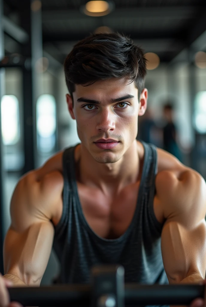 best qualityer)), ((work of art)), (detailded), (very vivid colors) light brunette man with brown eyes naked gym physique